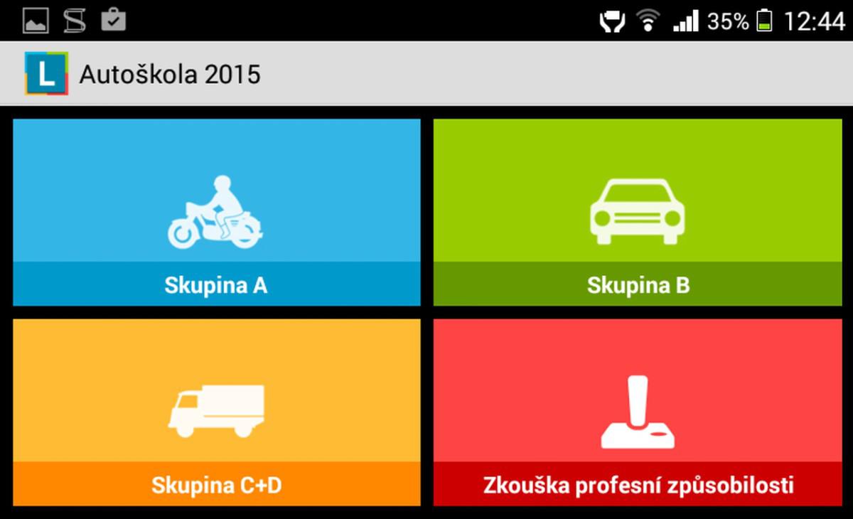 Autoškola 2015 na Android - Hlavní menu s testy