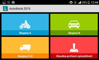Autoškola 2015 na Android - Hlavní menu s testy