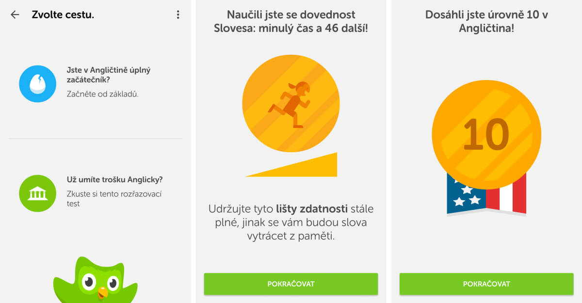 Duolingo - Na začátku splníte test a podle toho vás aplikace zařadí mezi začátečníky nebo pokročilejší