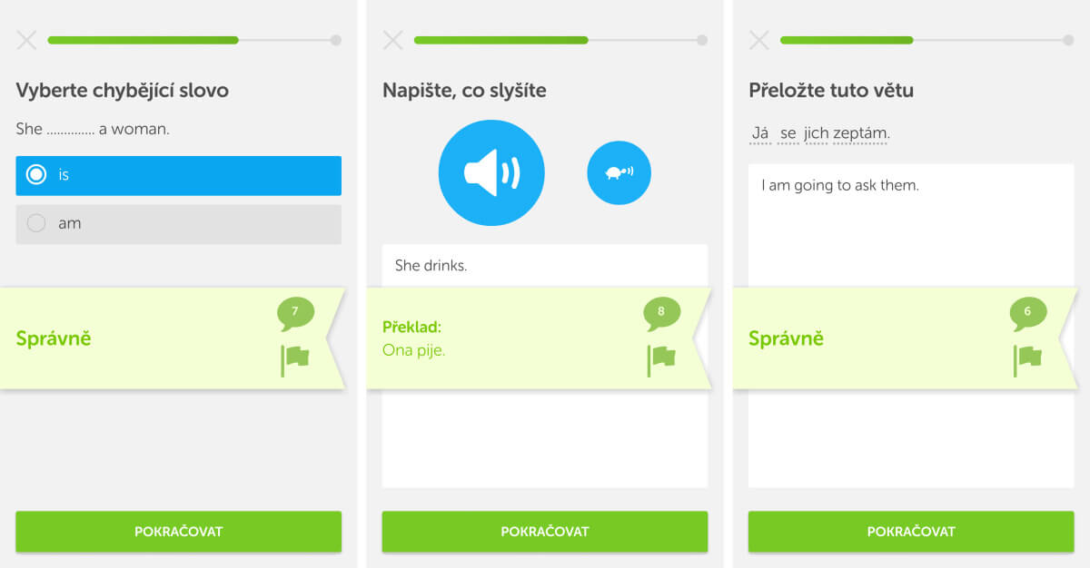 Duolingo - Otázky lekcí jsou různé, překládáte z angličtiny do češtiny a obráceně, vybíráte chybějící slovíčko nebo píšete co slyšíte