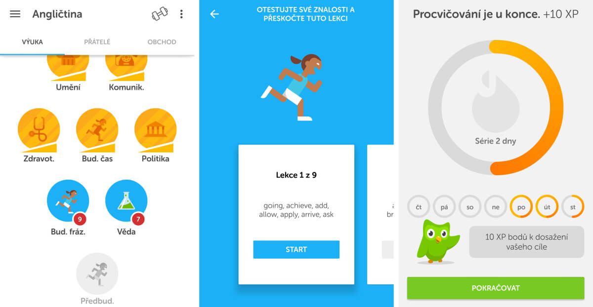 Duolingo - Při výuce angličtiny si vyberete lekci a po jejím splnění získáte body